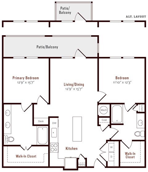 Floor plan for 2 beds, 2 baths, 1131 sqft